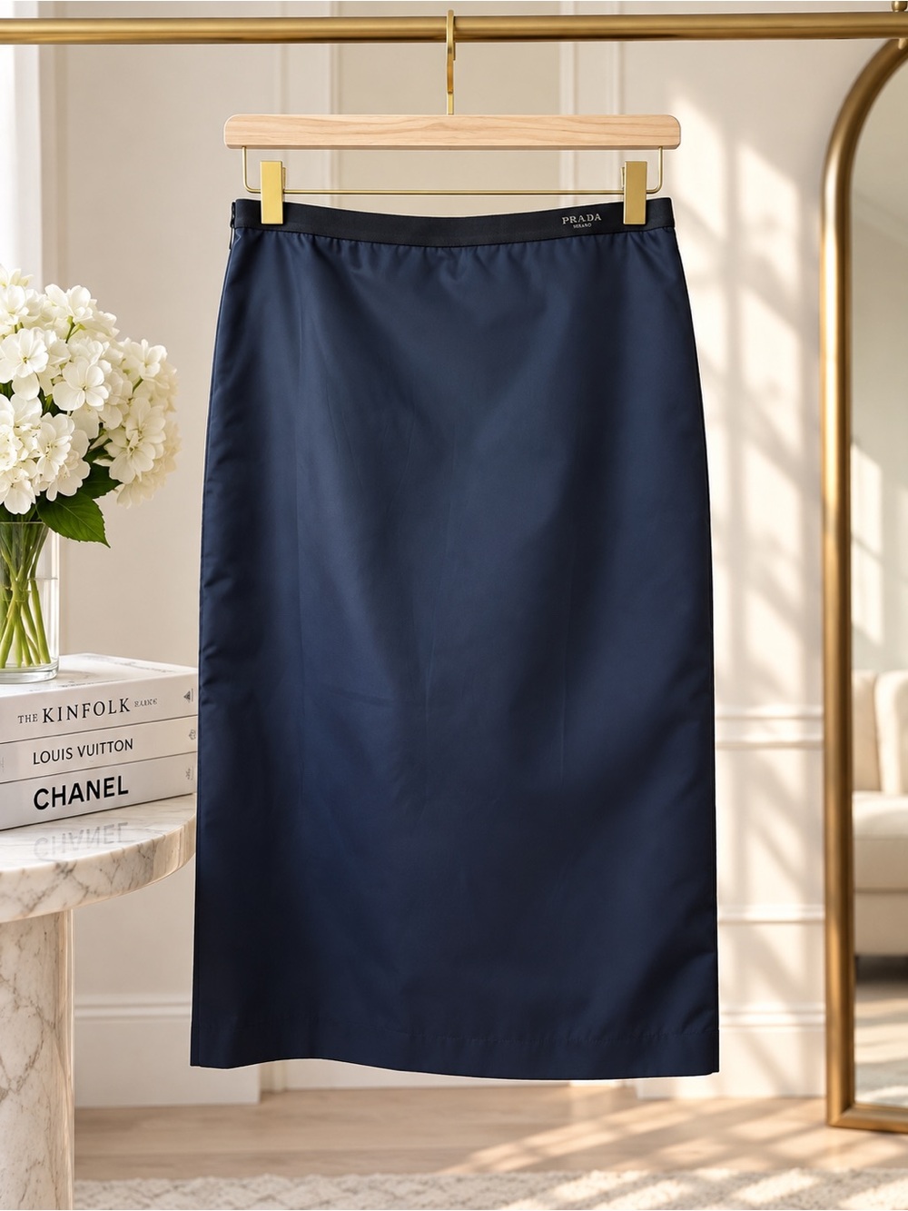 Prada Re-Nylon Navy Midi Pencil Skirt Size IT 38